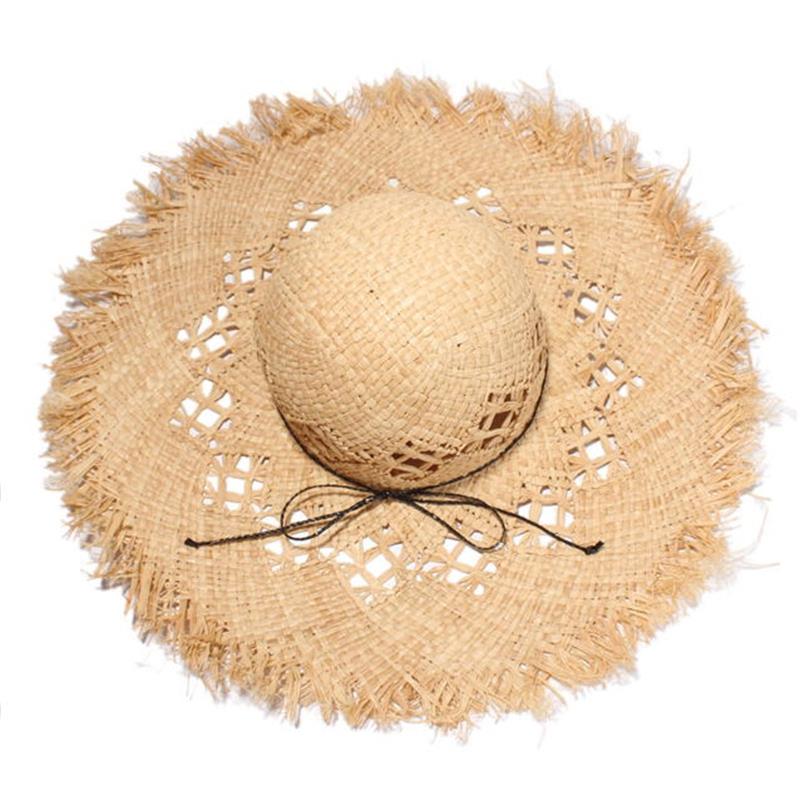 女式手​​工製作拉菲草草帽超大號寬邊粗邊粗草帽夏季太陽沙灘帽遮陽帽
